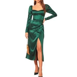 Reformation Rey Silk Dress Emerald Green Long Sleeve Midi Dress Size 6